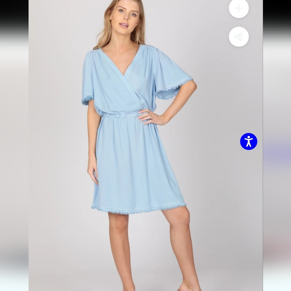 MAVEN WEST M Short Sleeve Fray Dress Sky Blue Pockets Drawstring Wrap V Neck